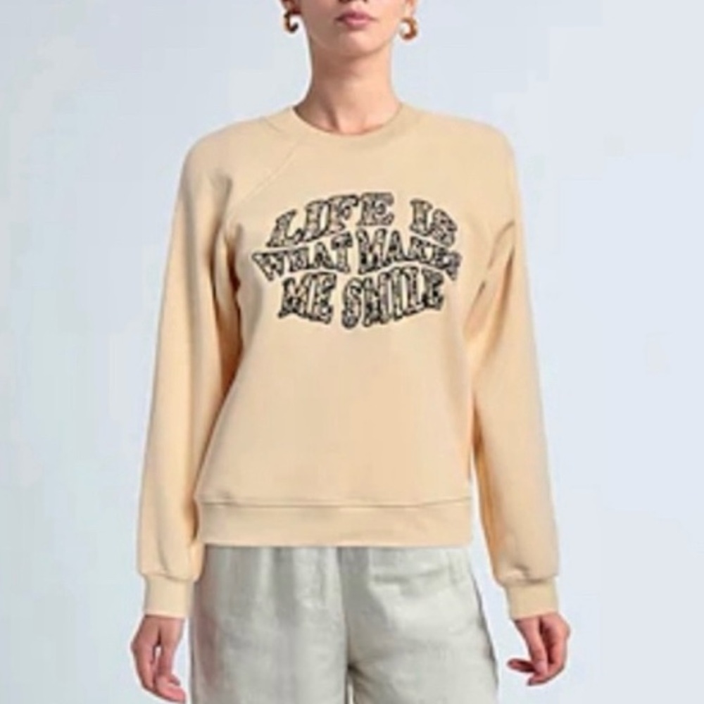 Sandro Beige Fleece-Lined Graphic Slightly Oversized Round Neck Sweatshirt NWT